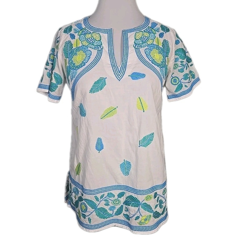 Gretchen Scott XS White Embroidered Short Sleeve Tunic Top Extra-Small